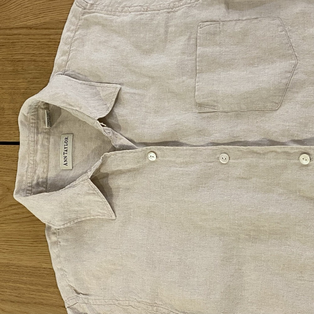 Ann Taylor Shirt Women Size 12 Linen Beige Long Sleeve Coastal Resort* - Picture 4 of 10